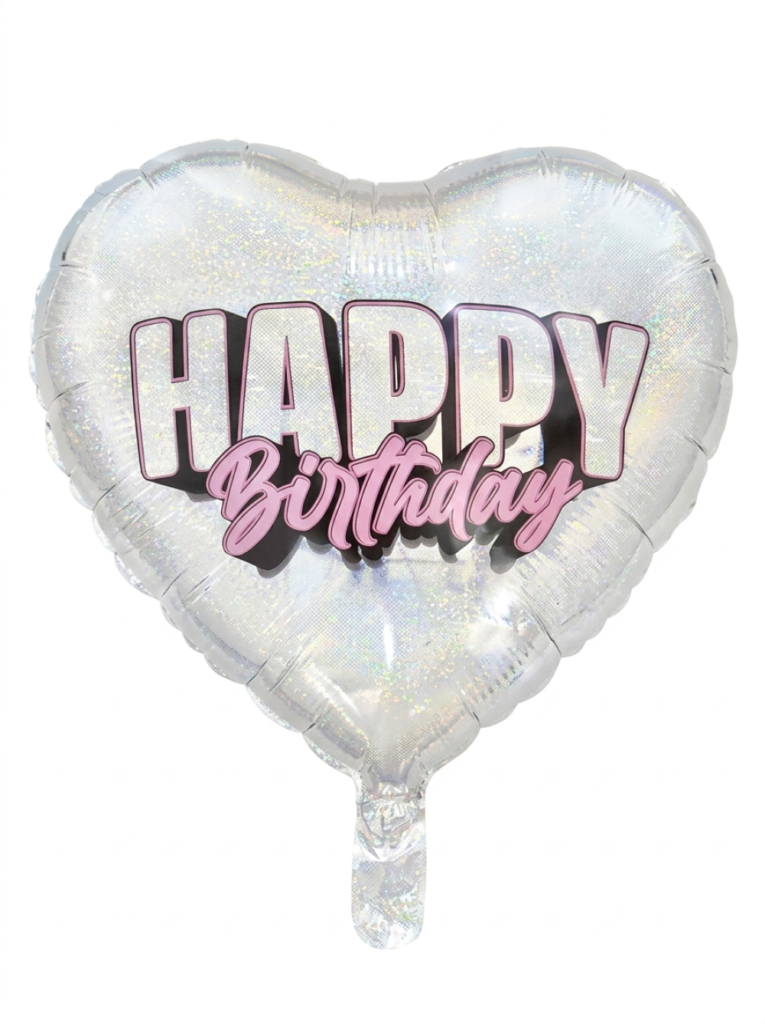 מיילר 18" – לב HAPPY BIRTHDAY מנצנץ כסף ורוד