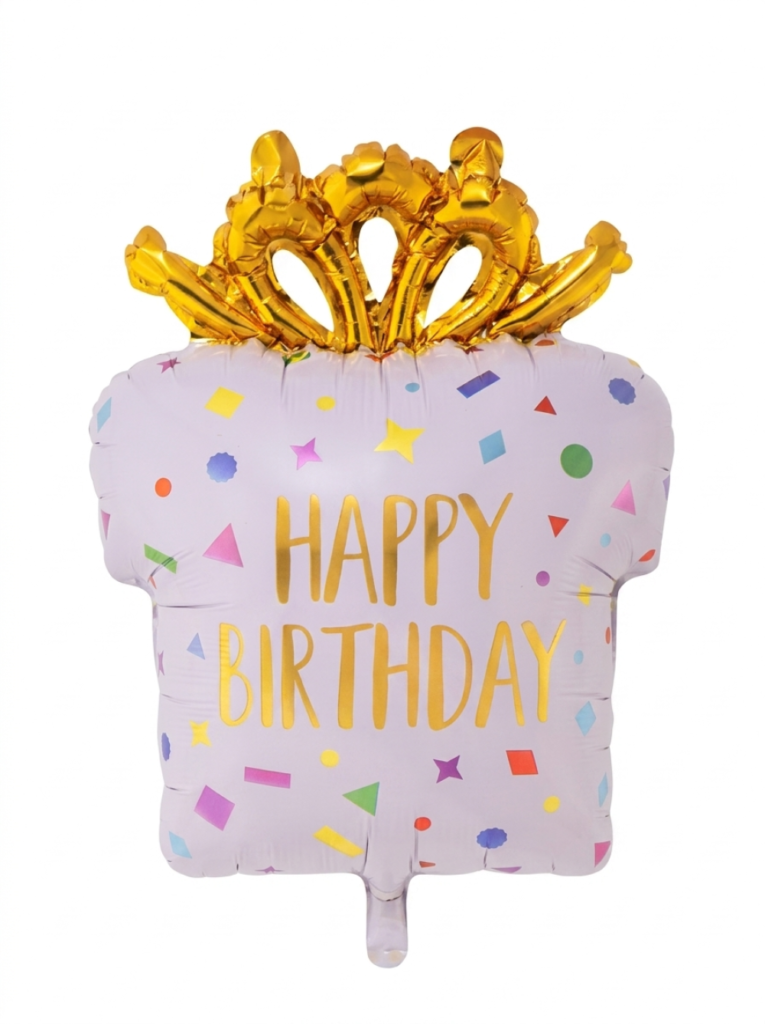 מיילר 26"- מתנה HAPPY BIRTHDAY צורות לבן זהב